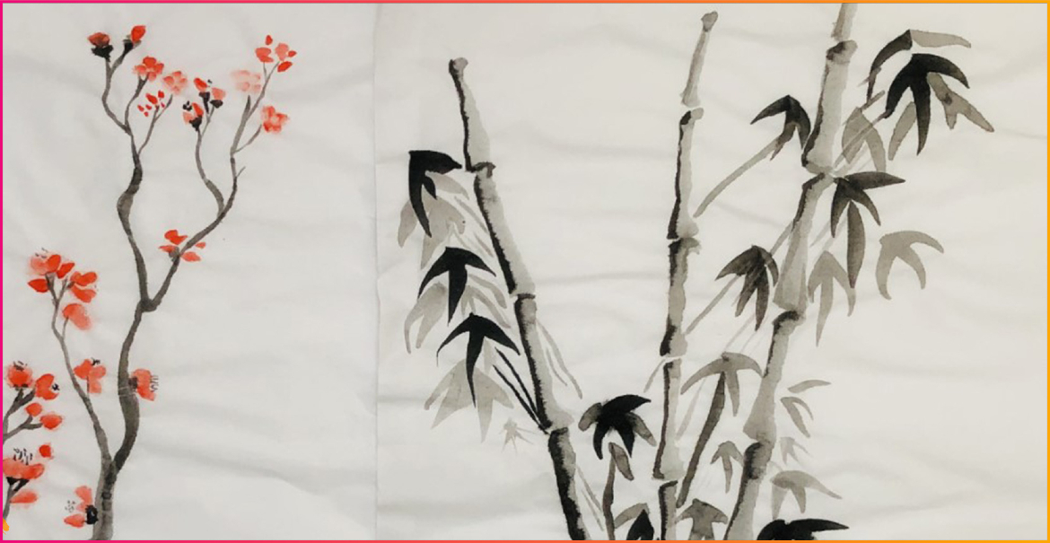 A picture showing examples of Chinese painting including cherry blossom and bamboo