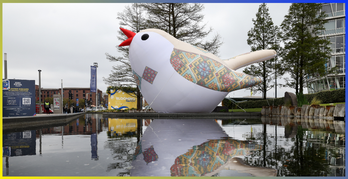 A large inflatable songbird in Liverpool One.