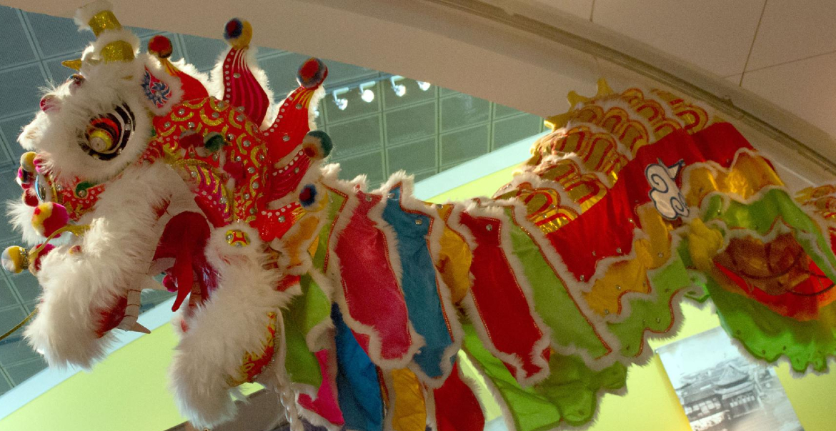 A traditional, colourful Chinese lion puppet