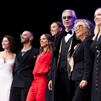 On stage for the naming ceremony of Queen Anne, the line-up stands for a photo including Andrea Bocelli.