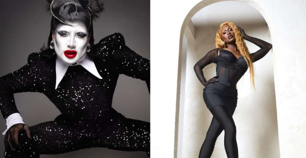 A collaged image of two drag queens.