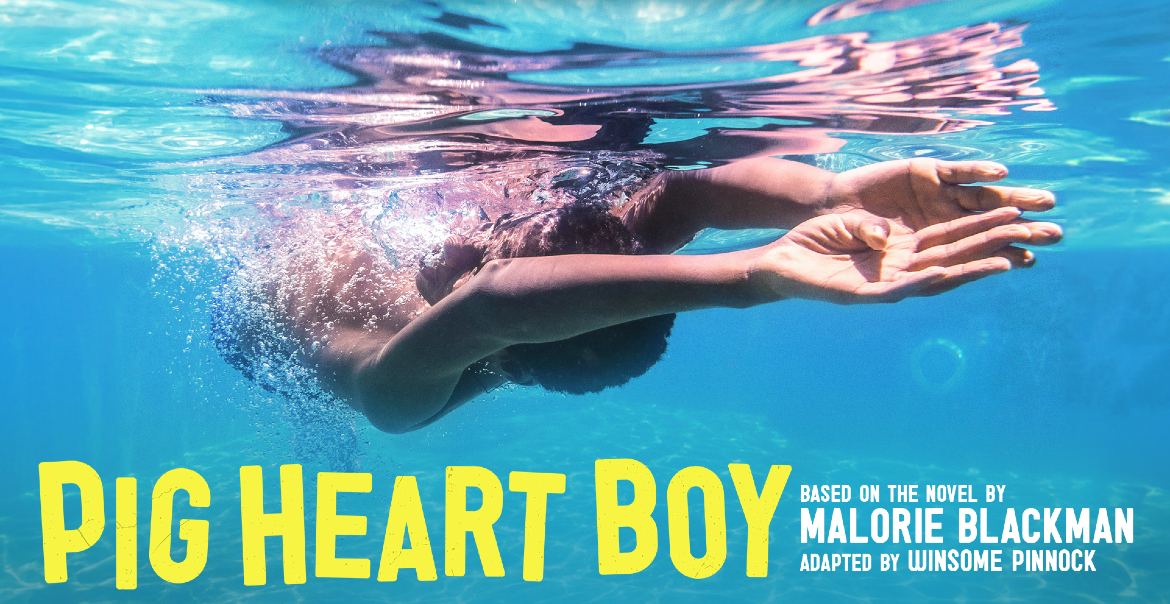 Promotional image for the theatre production of 'Pig Heart Boy,' a collaboration between Unicorn Theatre and Sheffield Theatres, depicting a person swimming underwater with hands extended forward.