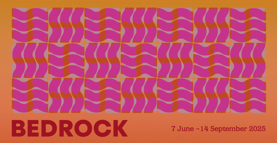 Promotional poster for 'Bedrock' event featuring a pattern of abstract pink shapes on an orange background. Event dates from 7 June to 14 September 2025 are displayed at the bottom.