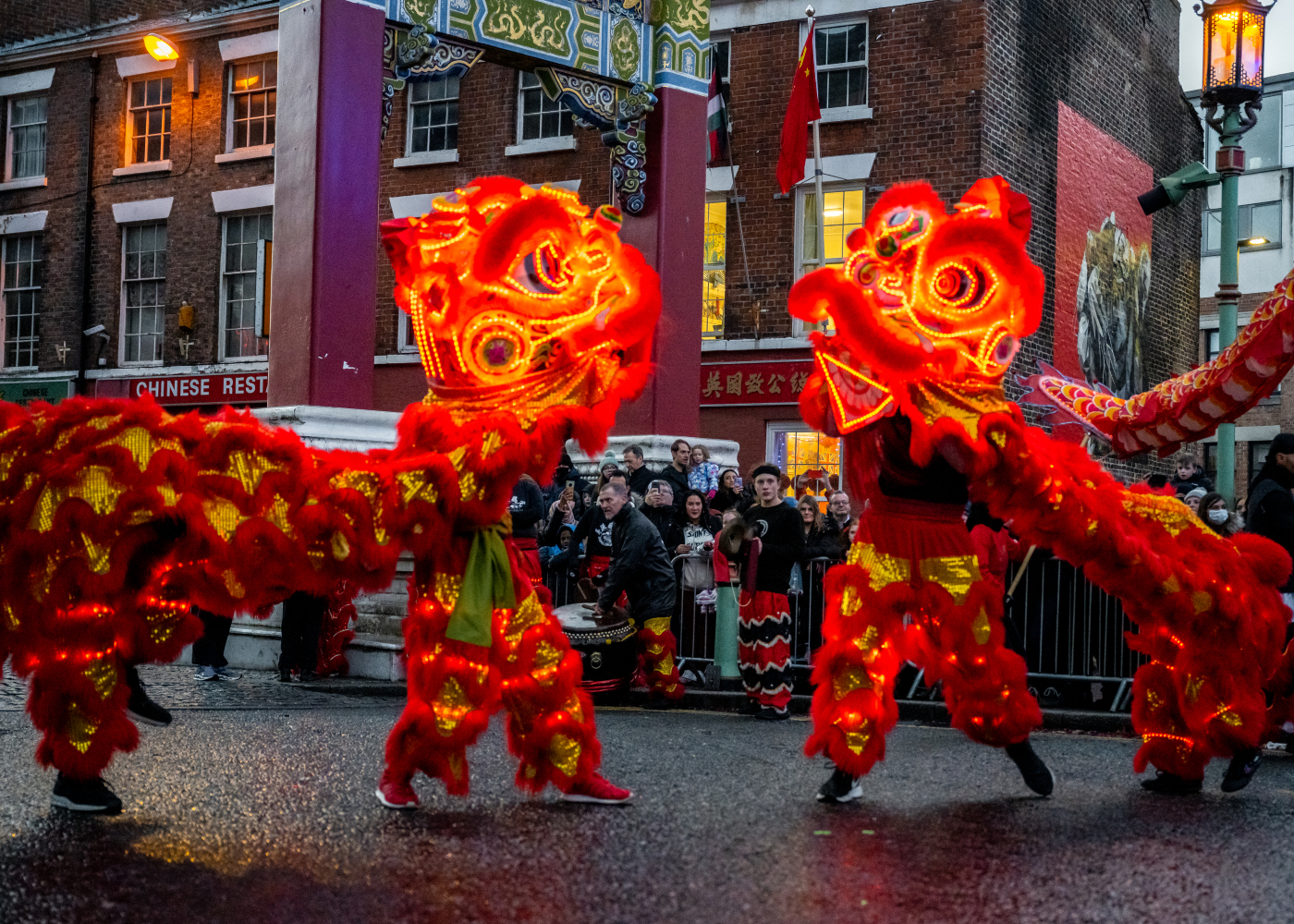 illuminated Chinese dragons performing at Liverpool's Chinese New Year celebrations