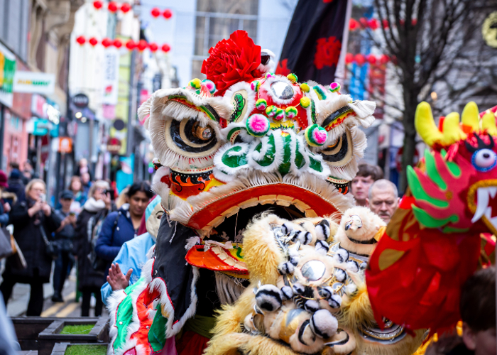 Chinese Lion, Unicorn and Dragon performing in Liverpool as part of the Lunar New Year celebrations