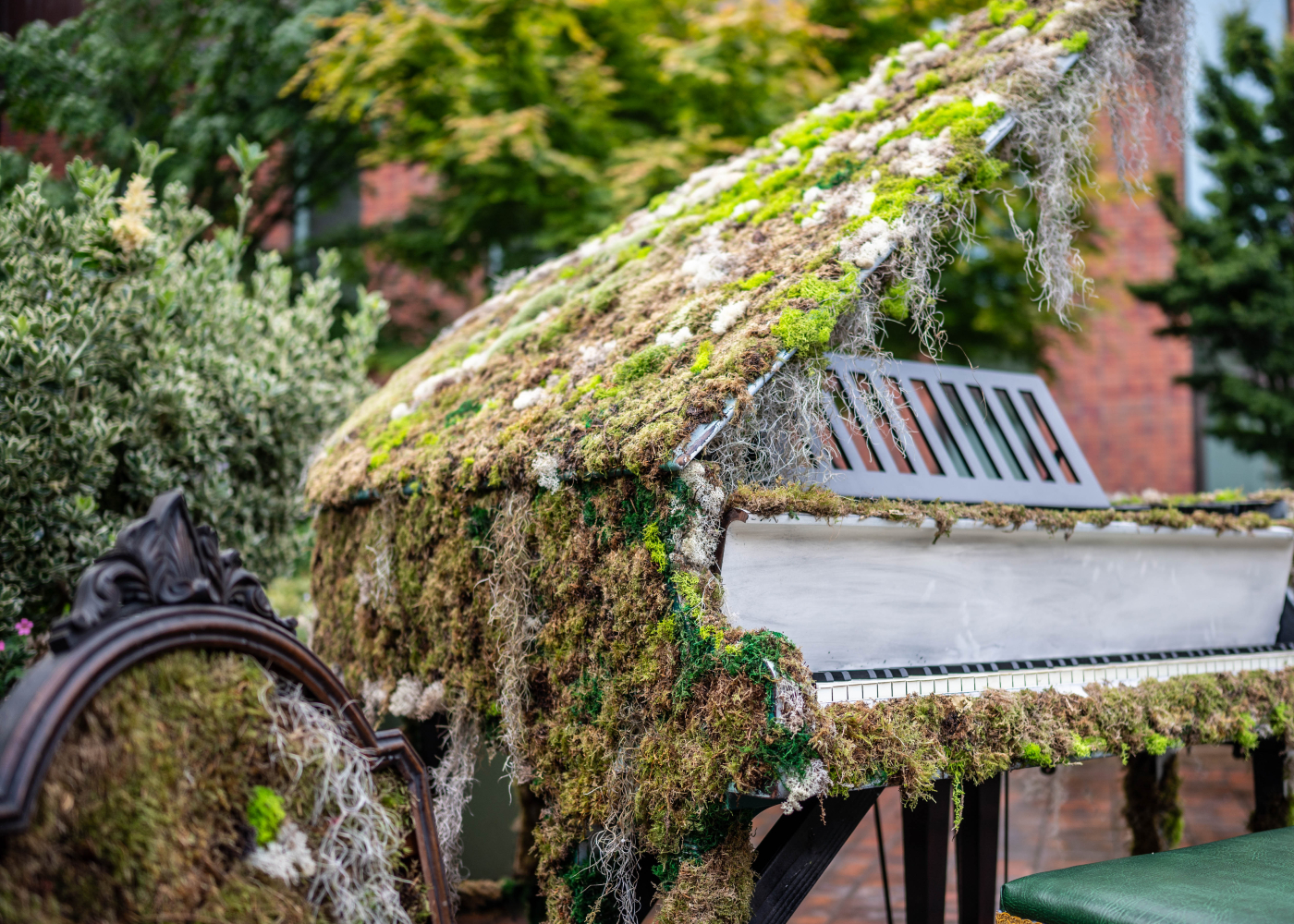 a grand piano adorned with different gradients of green moss