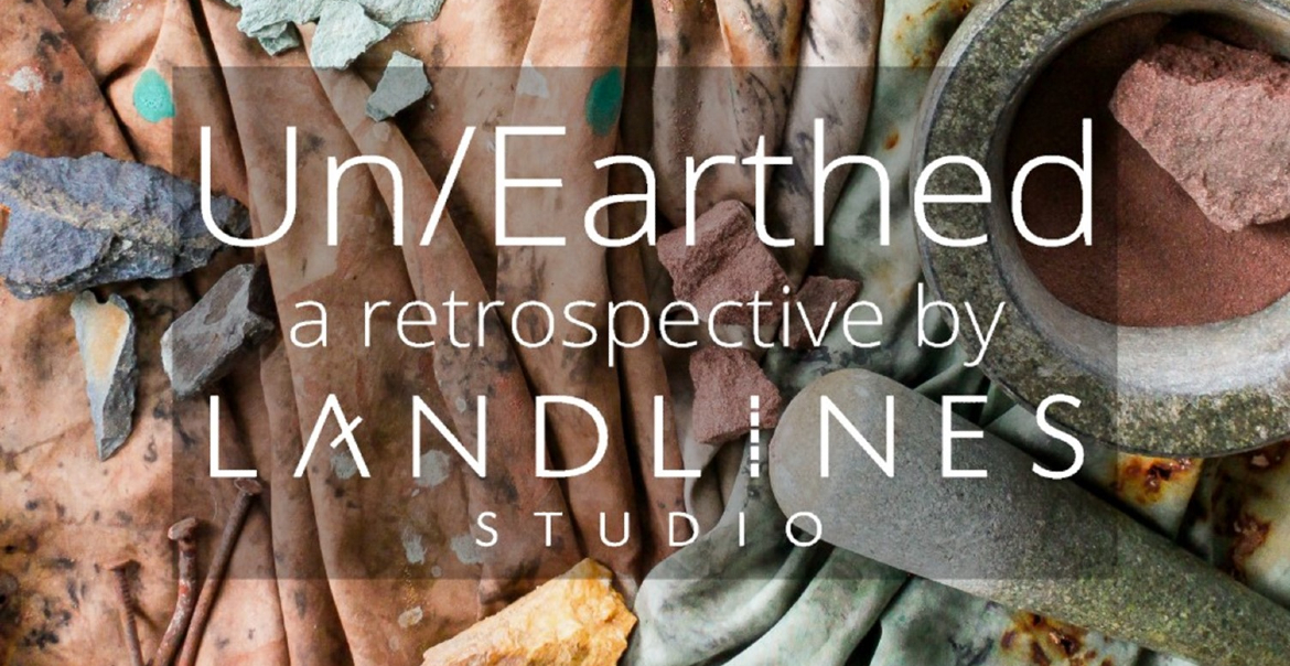 Graphic atrwork for 'UNEARTHED' exhibition overlaying an image of materials