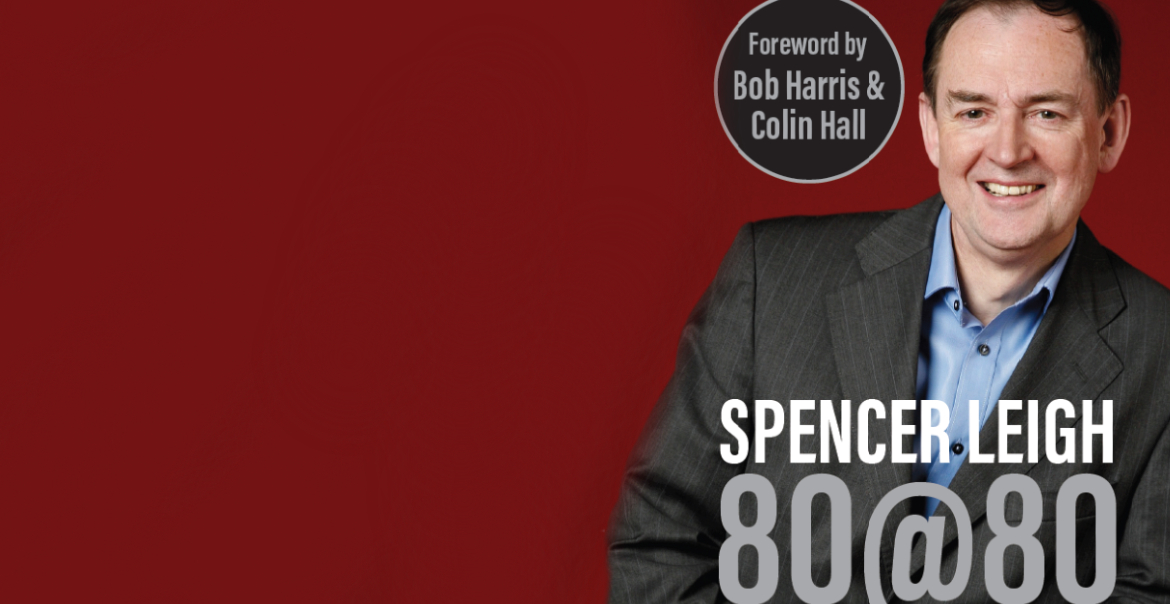 Graphic artwork for Spencer Light 80 @ 80 book cover featuring an image of himself with the title in grey and white text