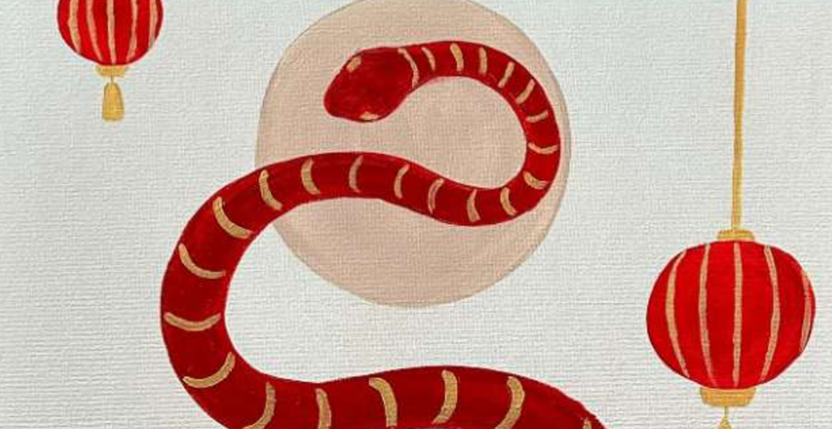 A hand-painted red snake and Chinese lanterns on a white canvas