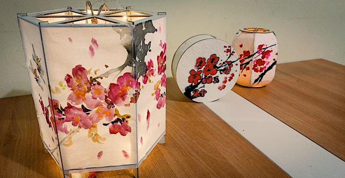 An image of Chinese lanterns painting with pink flowers