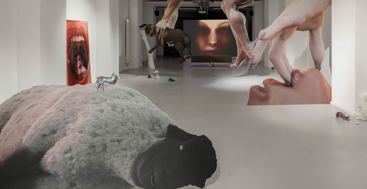 A rendered image of a unique art exhibition featuring a large sheep and human face.