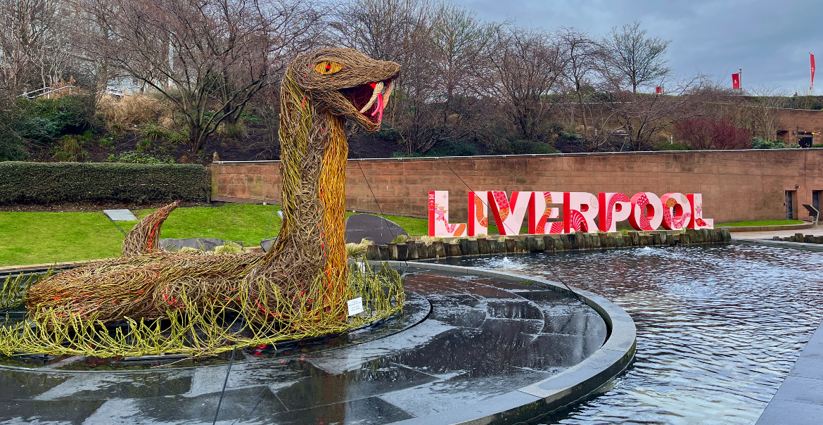 A large willow snake sculpture in water with large letters signage reading 'LIVERPOOL' in the foreground