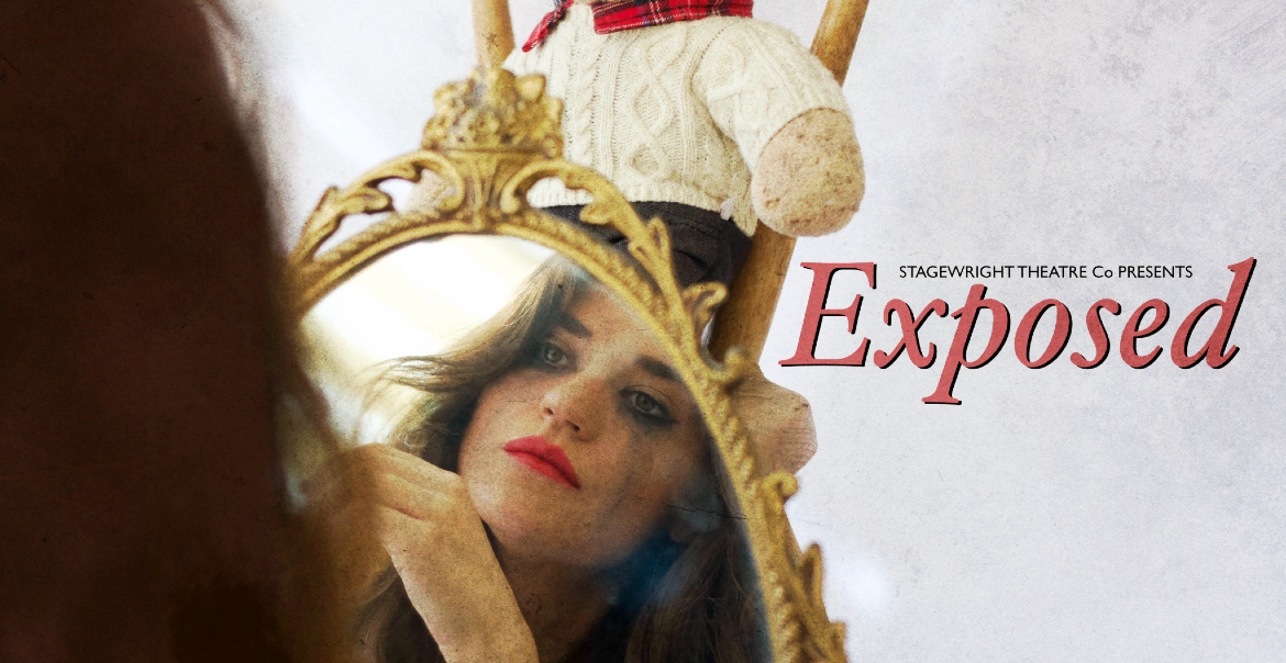 Artwork for a theatre show featuring a girl looking in the mirror with smudged make-up. The title 'Exposed' is written in red text to the right.